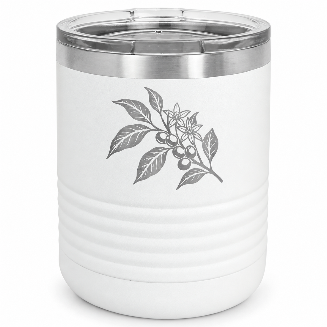 Polar Camel 10 oz. White Vacuum Insulated Ringneck Tumbler with Clear Lid — sample laser engraving