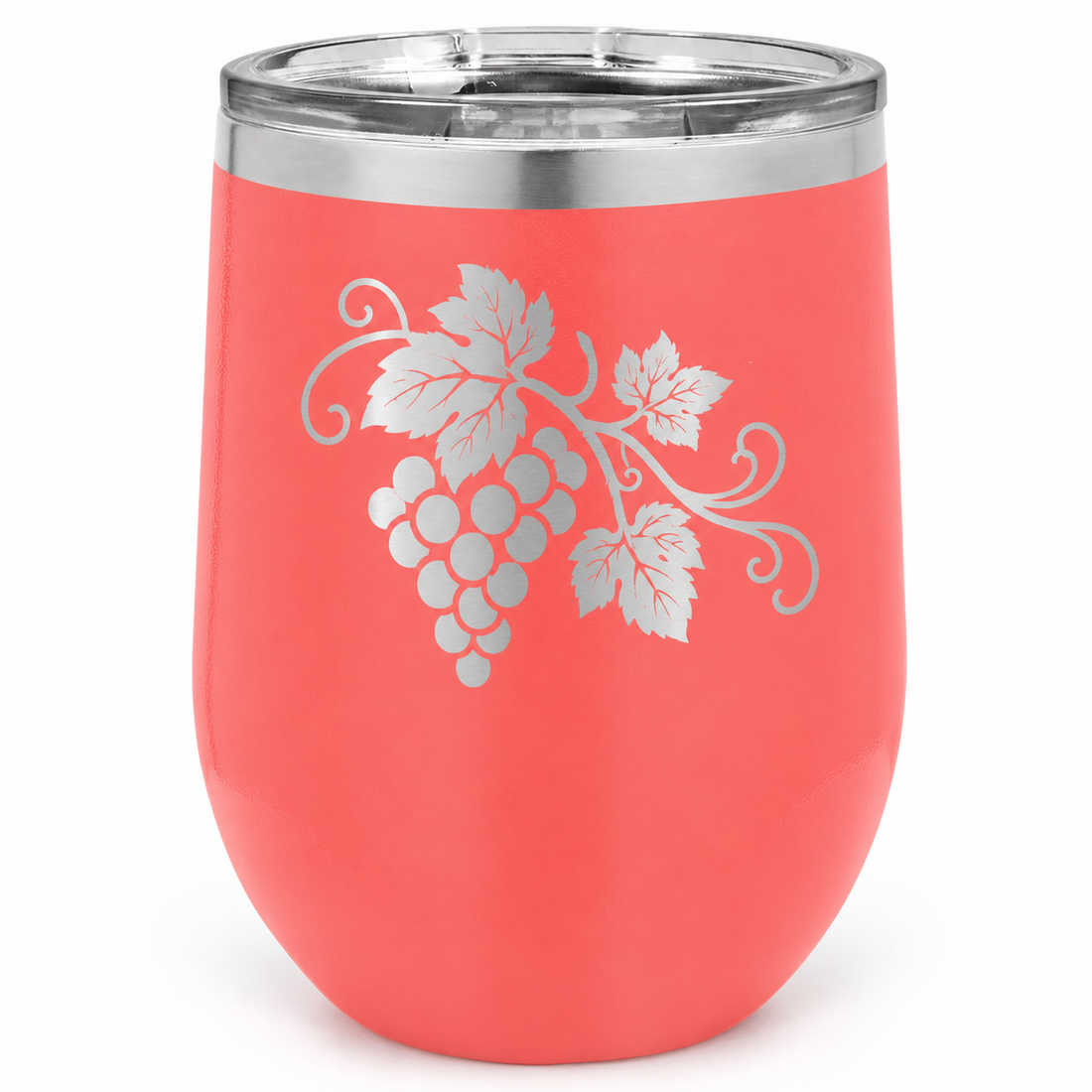 Polar Camel 12 oz. Coral Vacuum Insulated Stemless Wine Tumbler with Lid — sample laser engraving