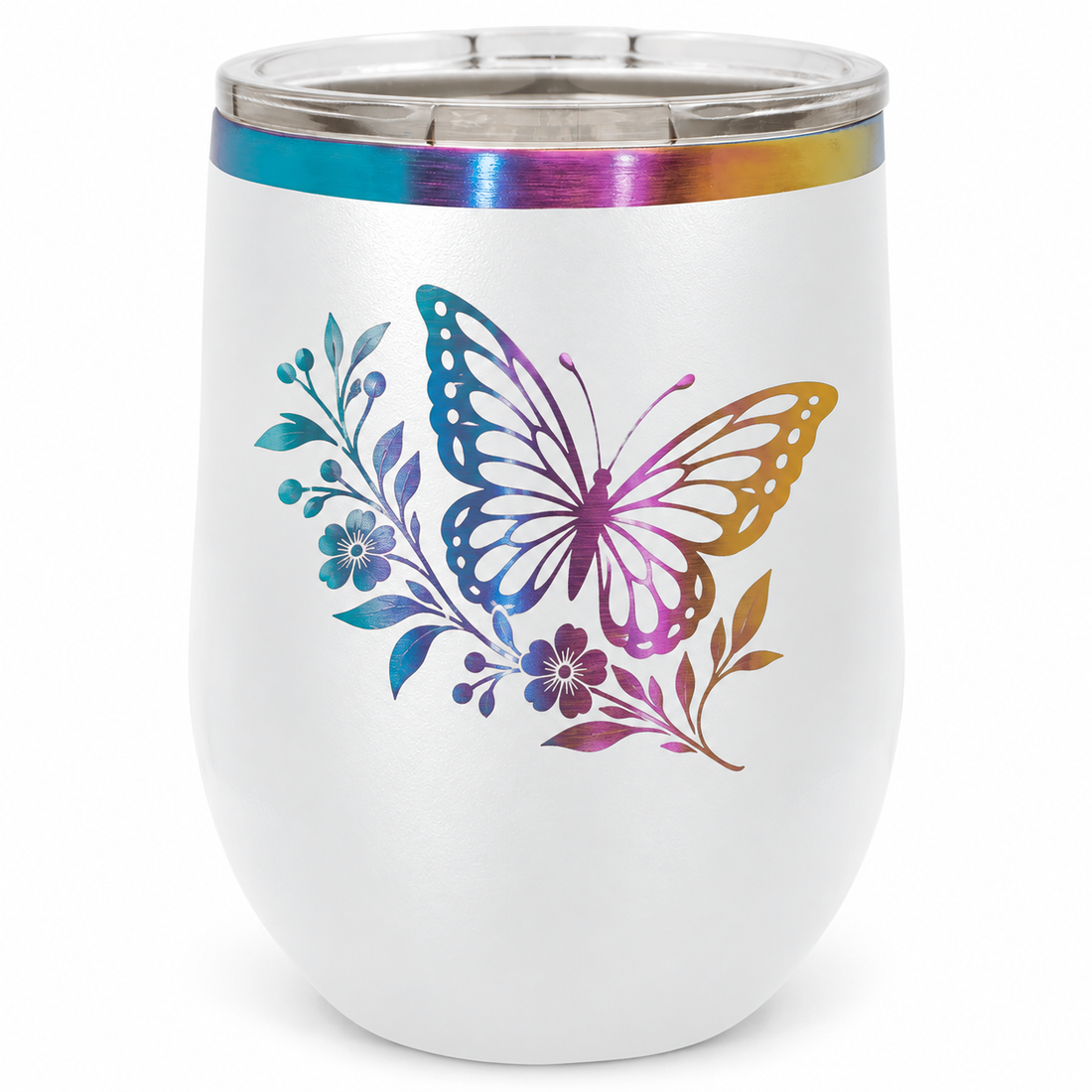 Polar Camel 12 oz. White/Prism ION-Plated Stemless Wine Tumbler with Lid — sample laser engraving