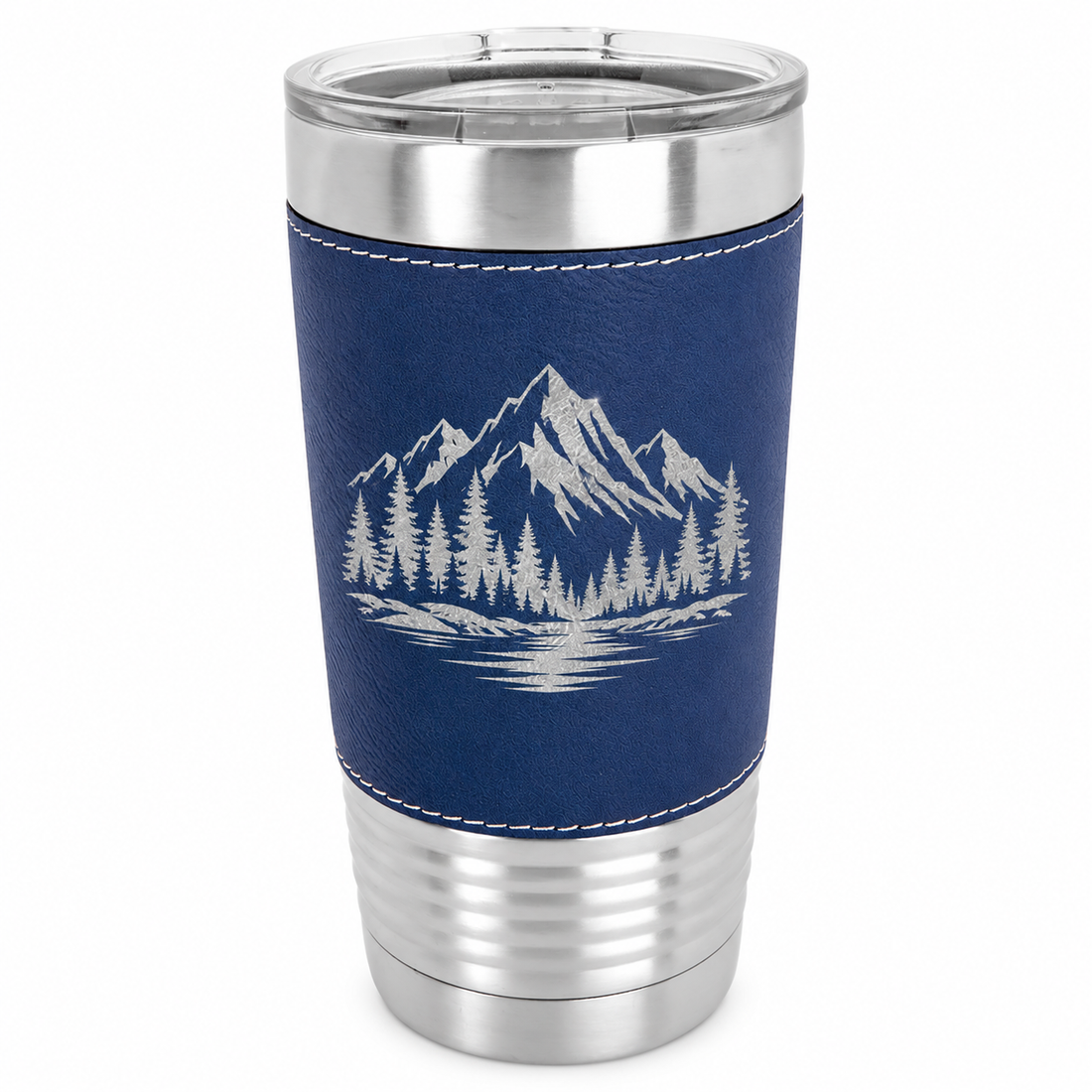 Polar Camel 20 oz. Blue/Silver Laserable Leatherette Tumbler with Clear Lid — sample laser engraving