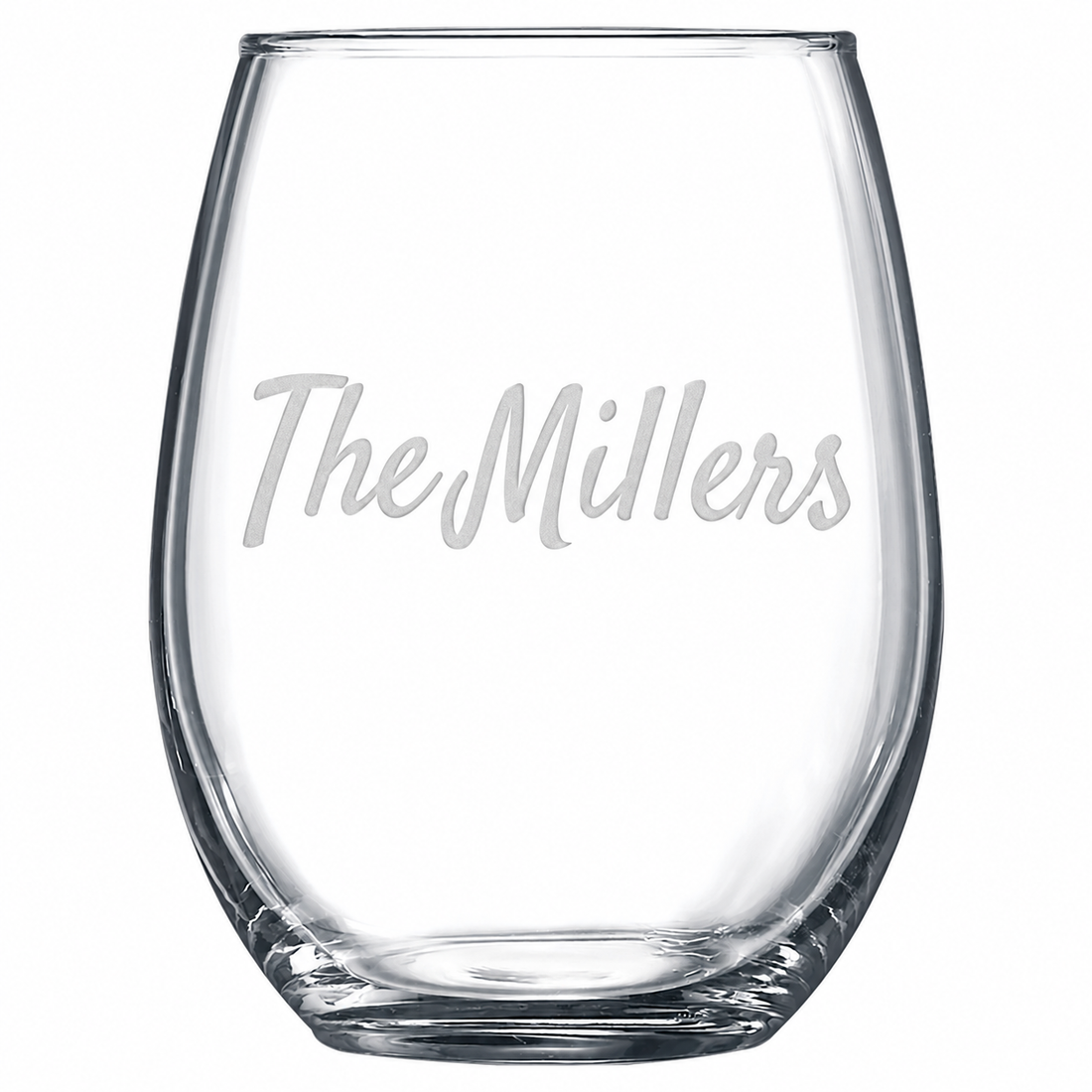 Polar Camel 21 oz. Stemless Wine Glass – The Millers engraving sample based on offered Satisfy font; Anniversary rings