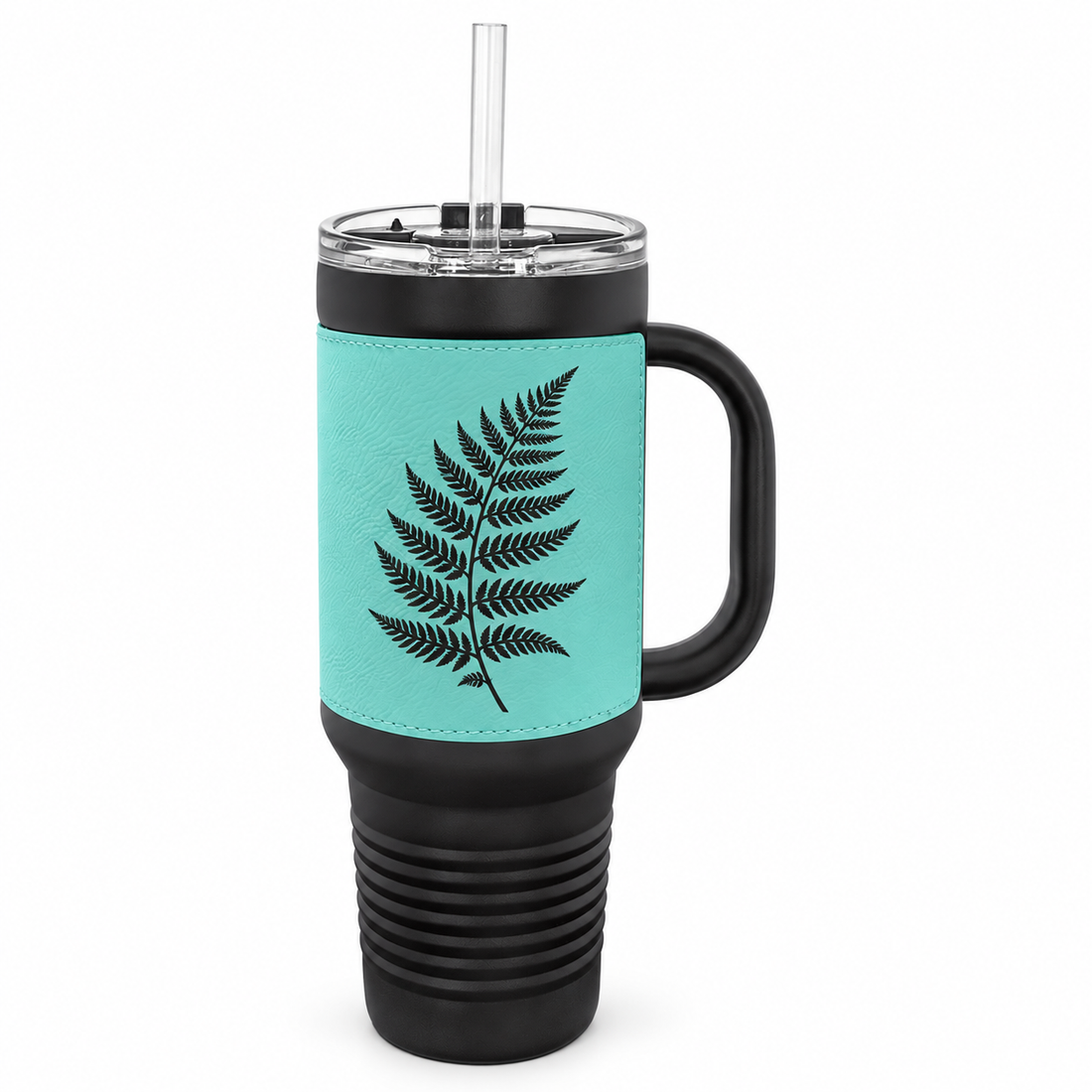 Polar Camel 40 oz. Black with Teal Laserable Leatherette Travel Mug with a Handle, Straw Included — sample laser engraving