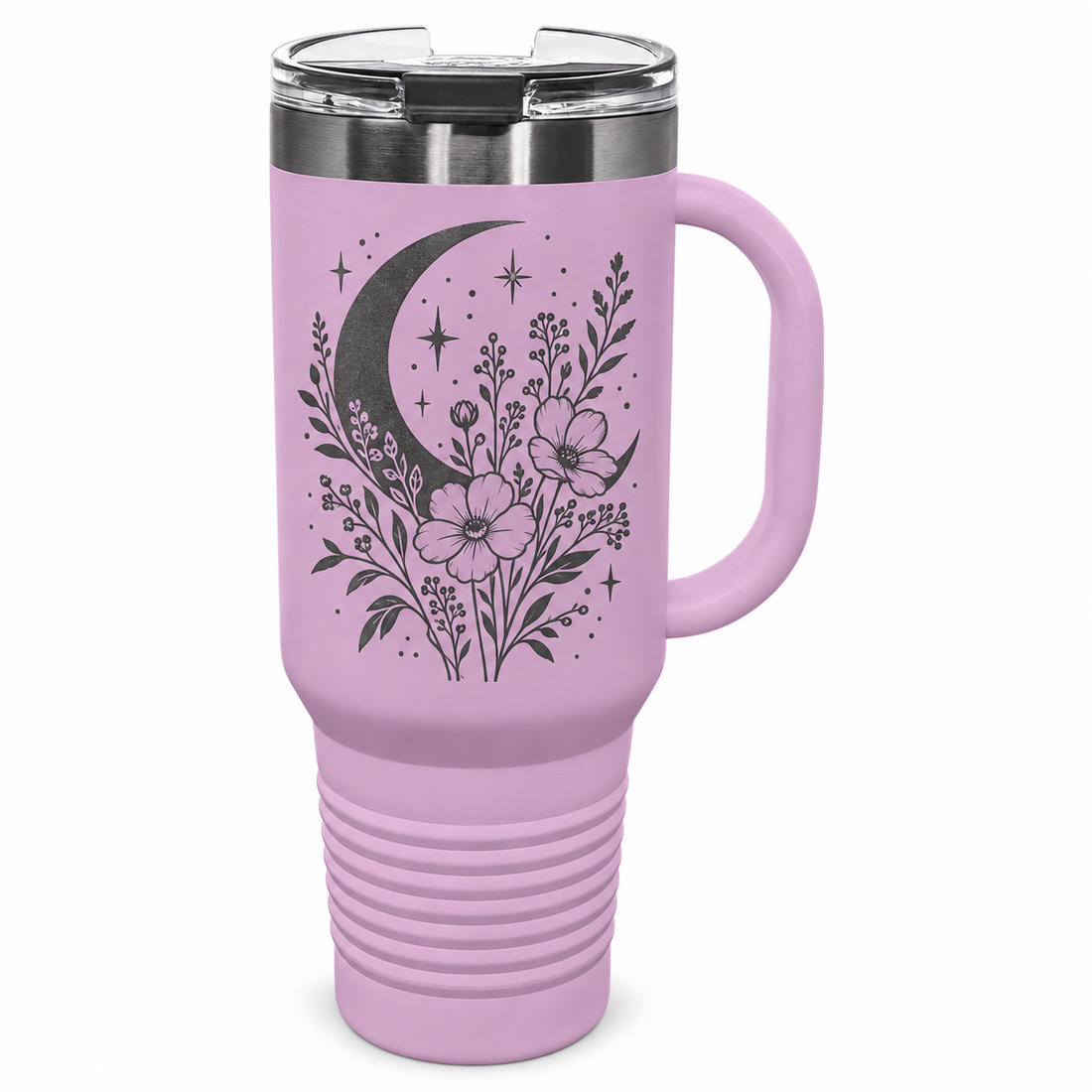 Polar Camel 40 oz. Moody Lilac/Ghost Black ION-Plated Travel Mug with Handle, Straw Included — sample laser engraving