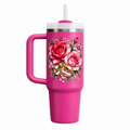 Q30 Fuchsia with sample full-color UV printing: romantic watercolor red pink roses and two intertwined golden wedding rings