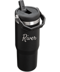 Example River in mixed-case script on the blank side of a black Stanley IceFlow 30 oz. Actual personalization varies.