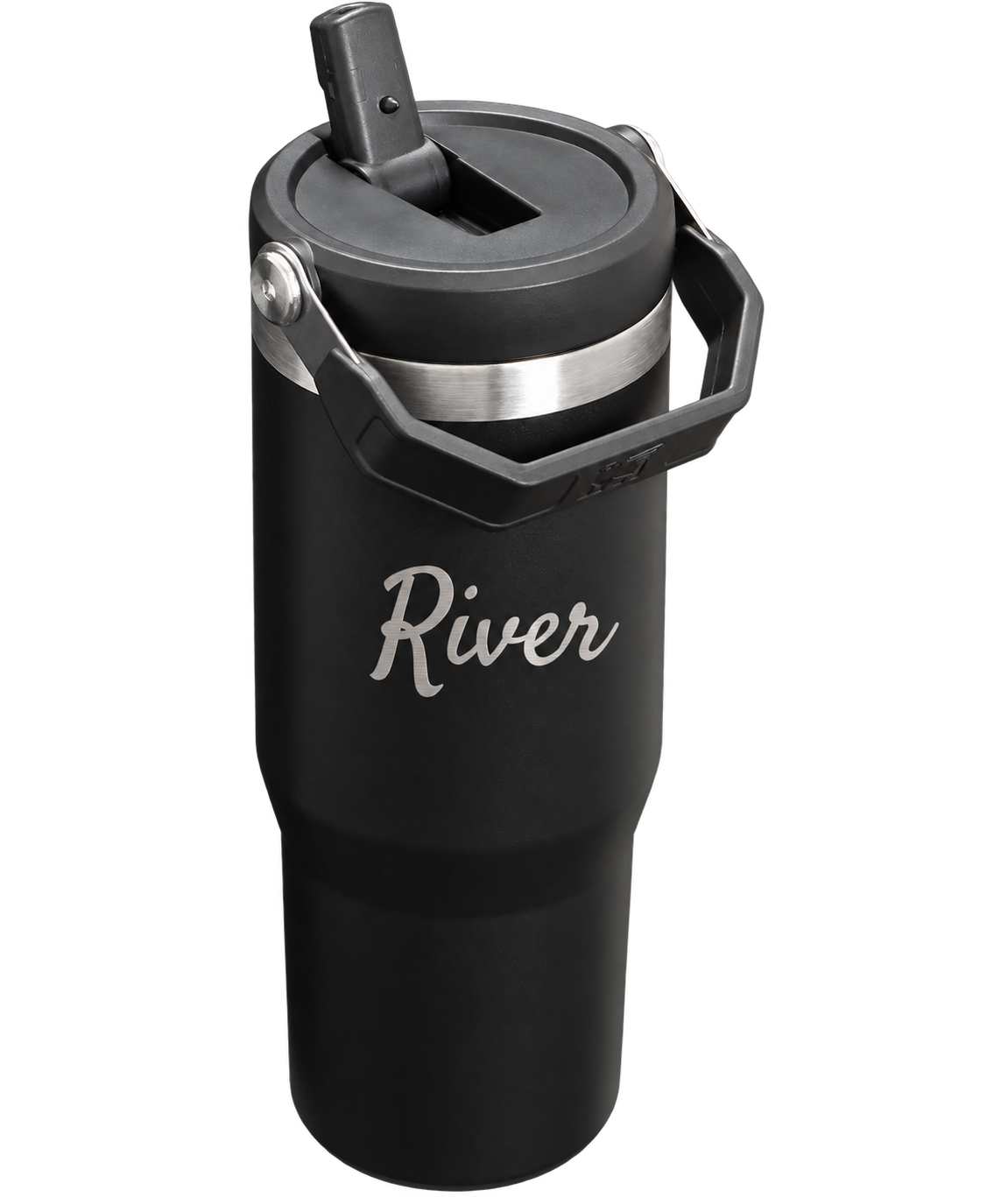 Example River in mixed-case script on the blank side of a black Stanley IceFlow 30 oz. Actual personalization varies.