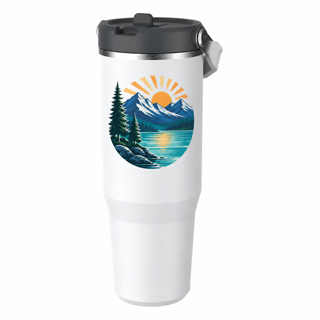 Stanley IceFlow 30 Chalk with sample full-color UV printed mountain lake and sunrise on the blank upper side