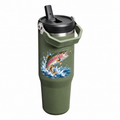 Stanley IceFlow 30 Dried Pine with sample full-color UV printed rainbow trout fishing artwork on the blank upper side