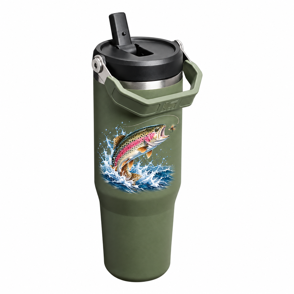 Stanley IceFlow 30 Dried Pine with sample full-color UV printed rainbow trout fishing artwork on the blank upper side