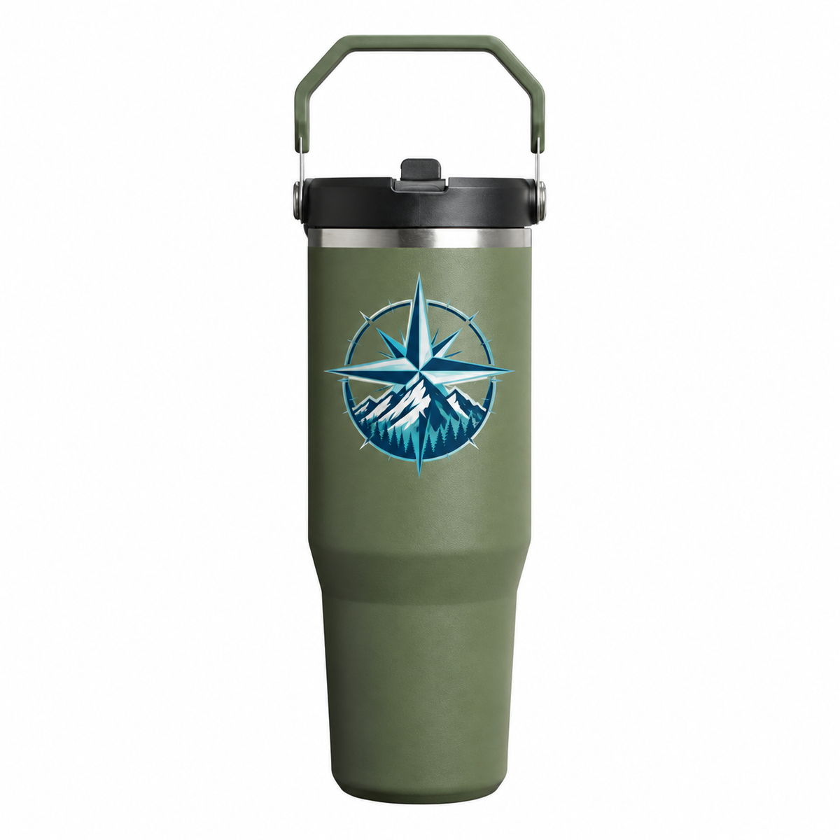 Stanley IceFlow 30 Dried Pine with sample full-color UV printing: original generic corporate emblem: blue teal compass rose and mountain peaks