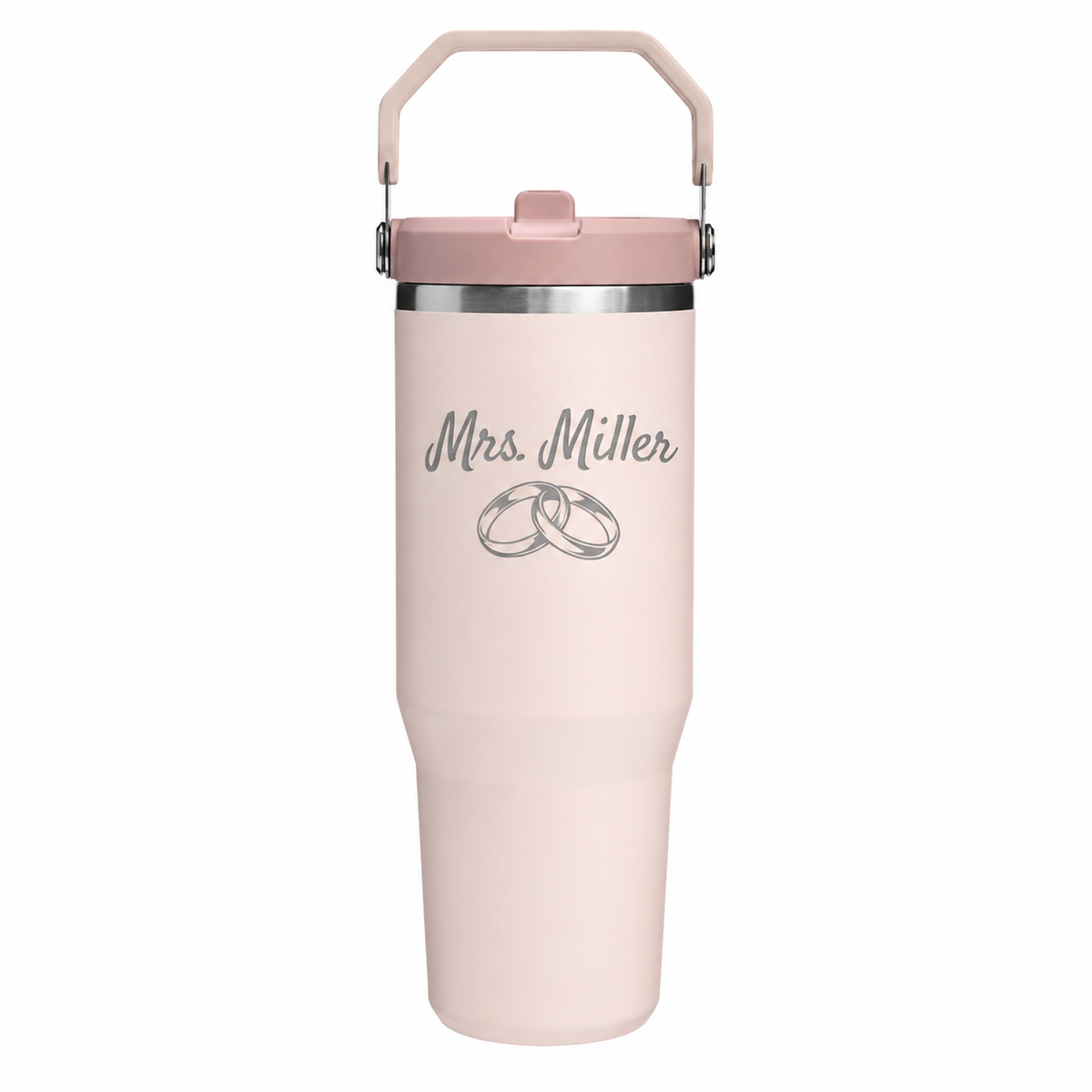Stanley IceFlow 30 Rose Quartz with sample laser engraving: Mrs. Miller