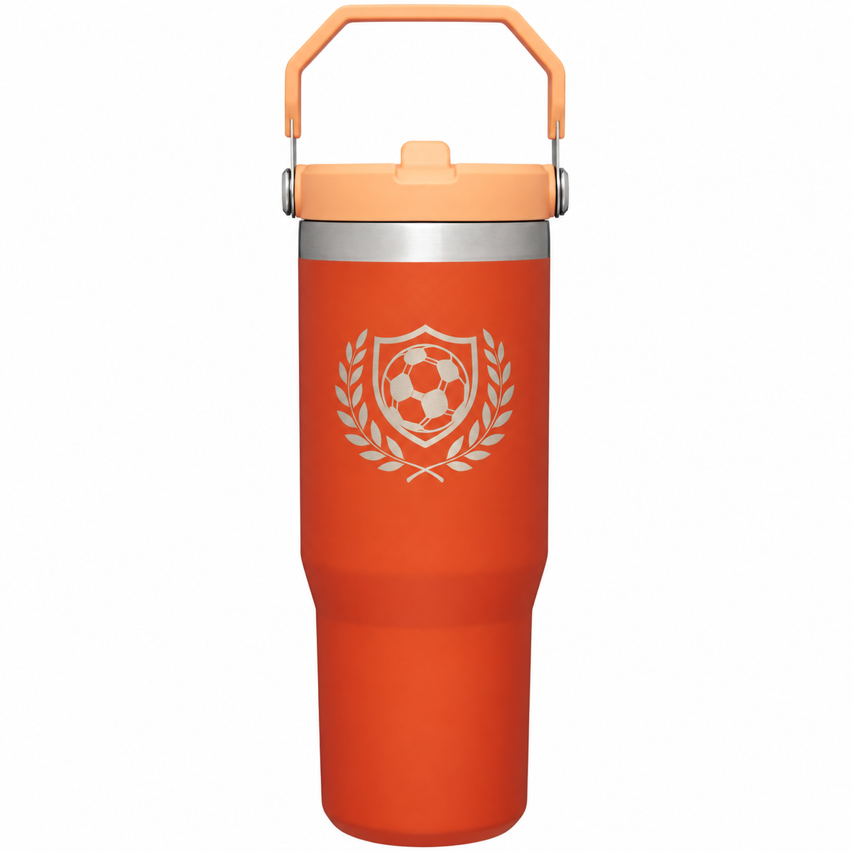 Stanley IceFlow 30 Tigerlily with sample laser engraving: soccer ball within shield and laurel