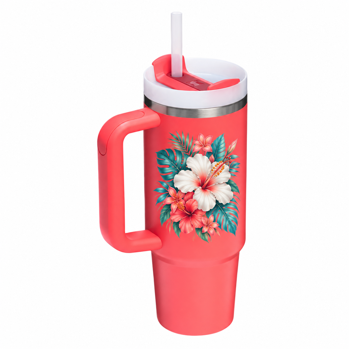 Stanley Q30 Hot Coral with sample full-color UV printed tropical flowers on the blank upper side