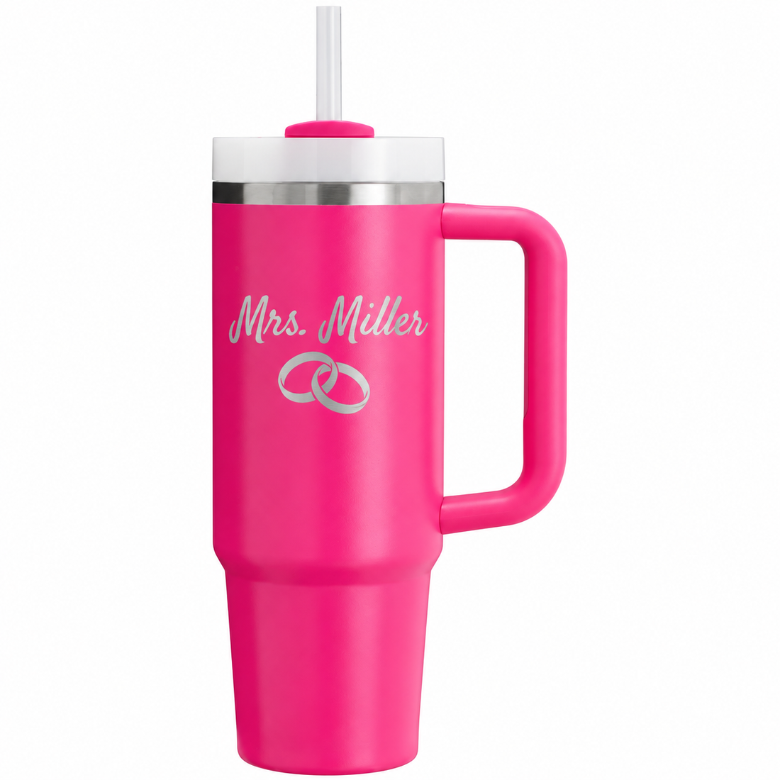 Stanley Q30 Passion Pink with sample laser engraving: Mrs. Miller