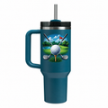 Stanley Q30 Peacock with sample full-color UV printing: full color golf ball on tee, crossed clubs and green blue scenic golf flag