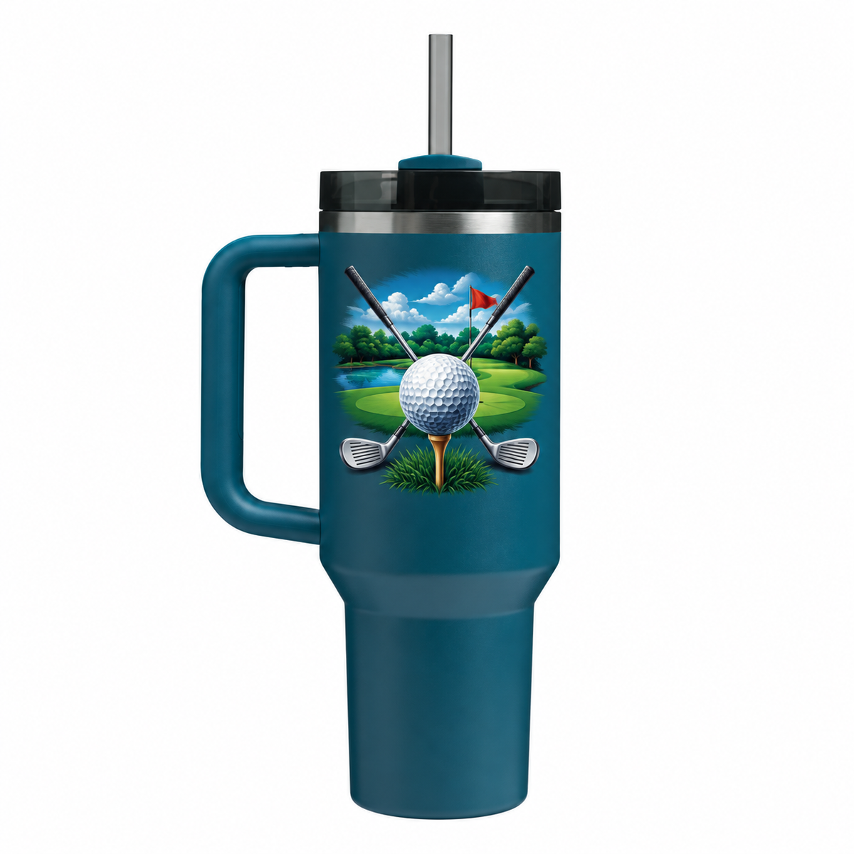 Stanley Q30 Peacock with sample full-color UV printing: full color golf ball on tee, crossed clubs and green blue scenic golf flag