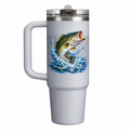 Stanley Q30 ProTour Ash Fade with sample full-color UV printing: full color fishing bass jumping from blue water, compact clean badge