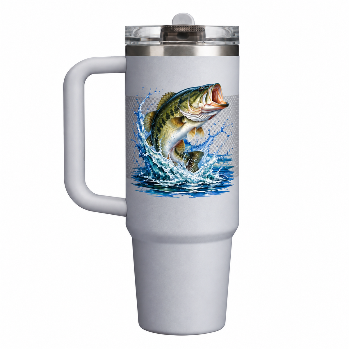 Stanley Q30 ProTour Ash Fade with sample full-color UV printing: full color fishing bass jumping from blue water, compact clean badge