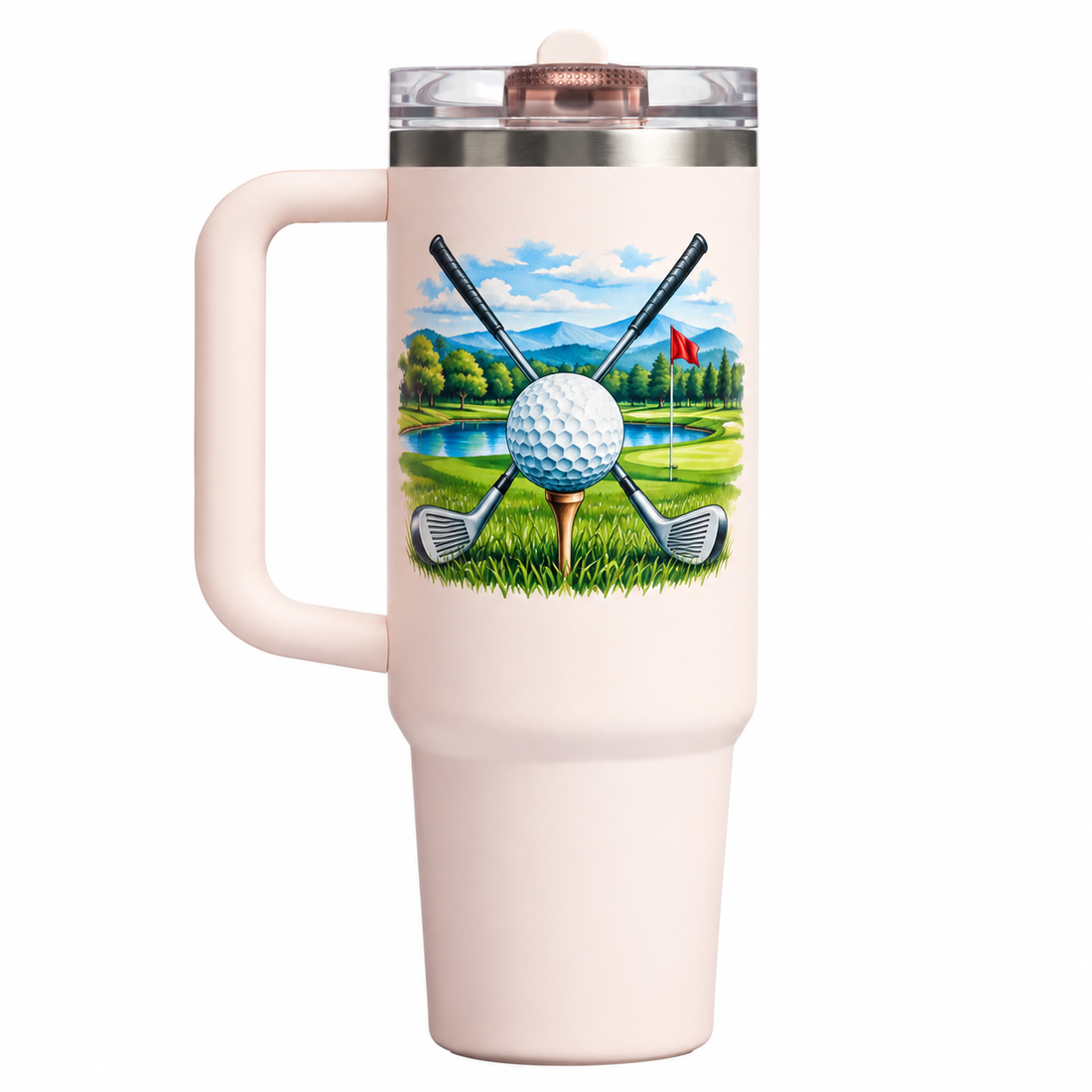 Stanley Q30 ProTour Rose Quartz with sample full-color UV printing: full color golf ball on tee, crossed clubs and green blue scenic golf flag