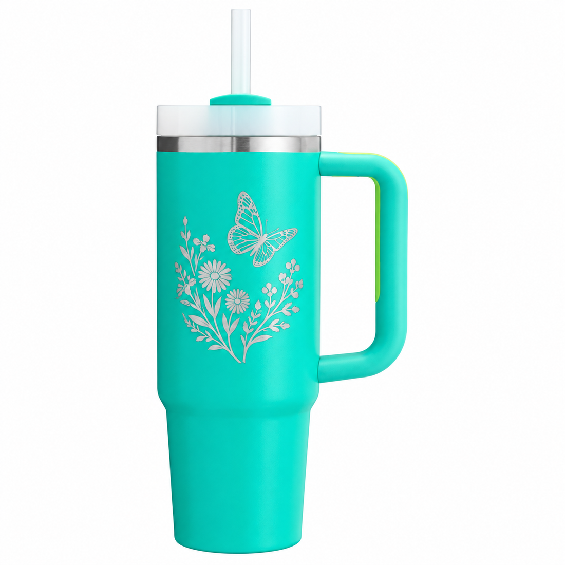 Stanley Q30 Tropical Teal with sample laser engraving: butterfly above curved wildflower sprigs