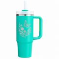 Stanley Q30 Tropical Teal with sample laser engraving: butterfly above curved wildflower sprigs
