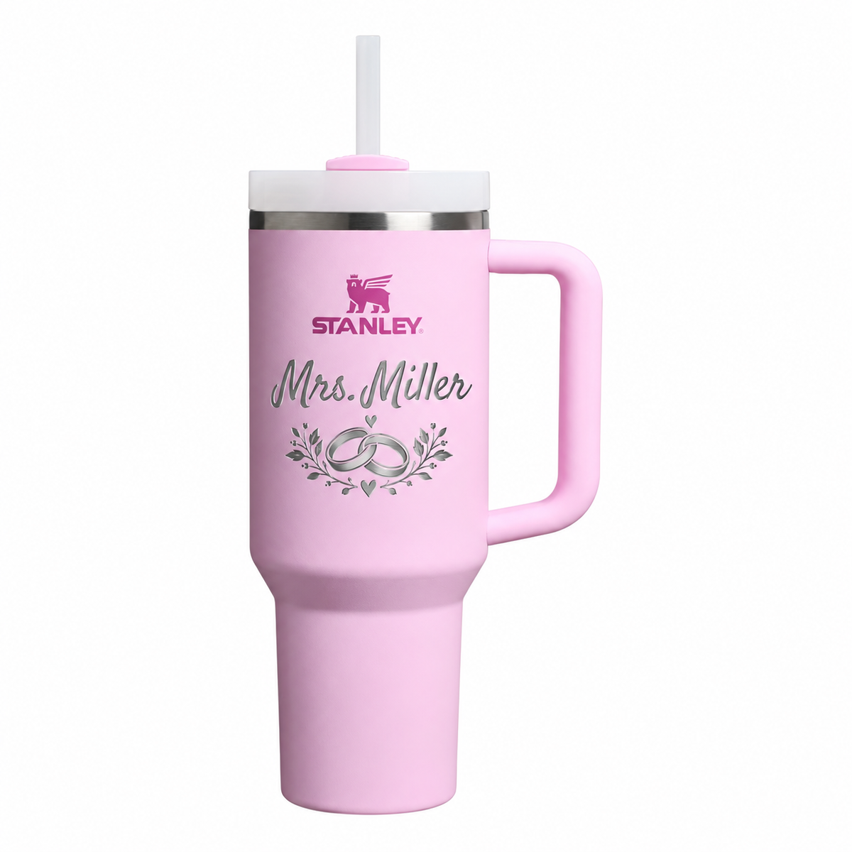 Stanley Q40 Cherry Blossom – Mrs. Miller laser engraving sample using Satisfy; Wedding with two wedding rings