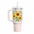 Stanley Quencher 30 Rose Quartz with sample full-color UV printing: watercolor sunflowers, tiny blue butterflies and green leaves
