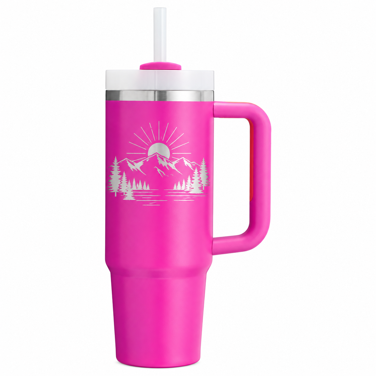 Stanley Quencher 30 Vivid Violet with sample laser engraving: minimal mountain range, pines and sunrise