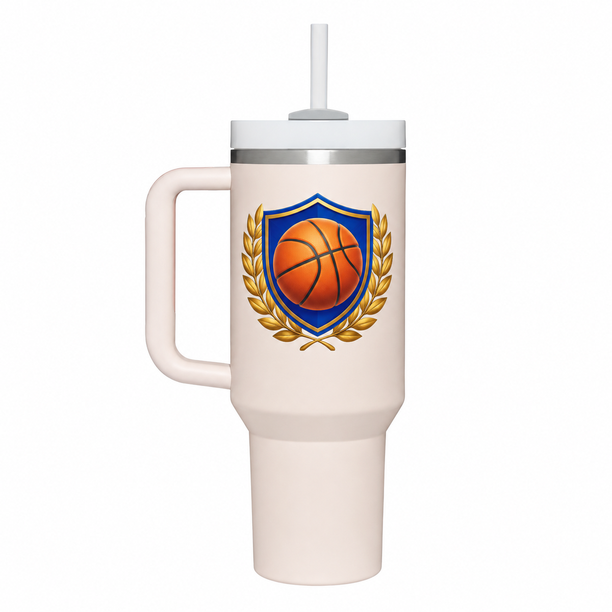 Stanley Quencher 40 Rose Quartz with sample full-color UV printing: original generic basketball team emblem with orange basketball, royal blue shield and gold laurel