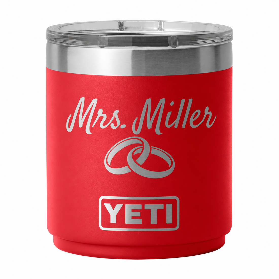 YETI 10 oz Lowball Rescue Red V2 with sample laser engraving: Mrs. Miller