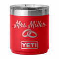 YETI 10 oz Lowball Rescue Red V2 with sample laser engraving: Mrs. Miller