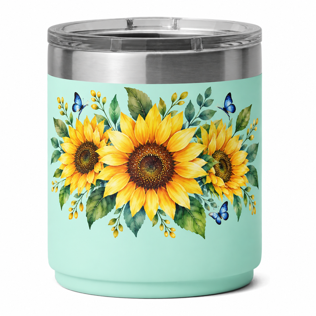 YETI 10 oz Lowball Seafoam V2 with sample full-color UV printing: watercolor sunflowers, tiny blue butterflies and green leaves