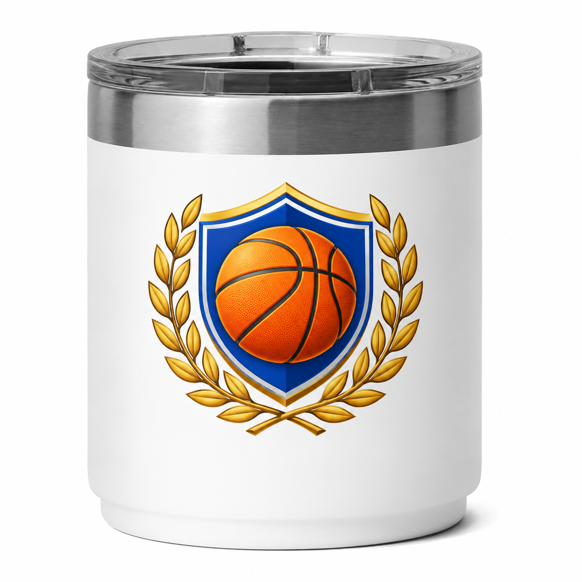 YETI 10 oz Lowball White V2 with sample full-color UV printing: original generic basketball team emblem with orange basketball, royal blue shield and gold laurel