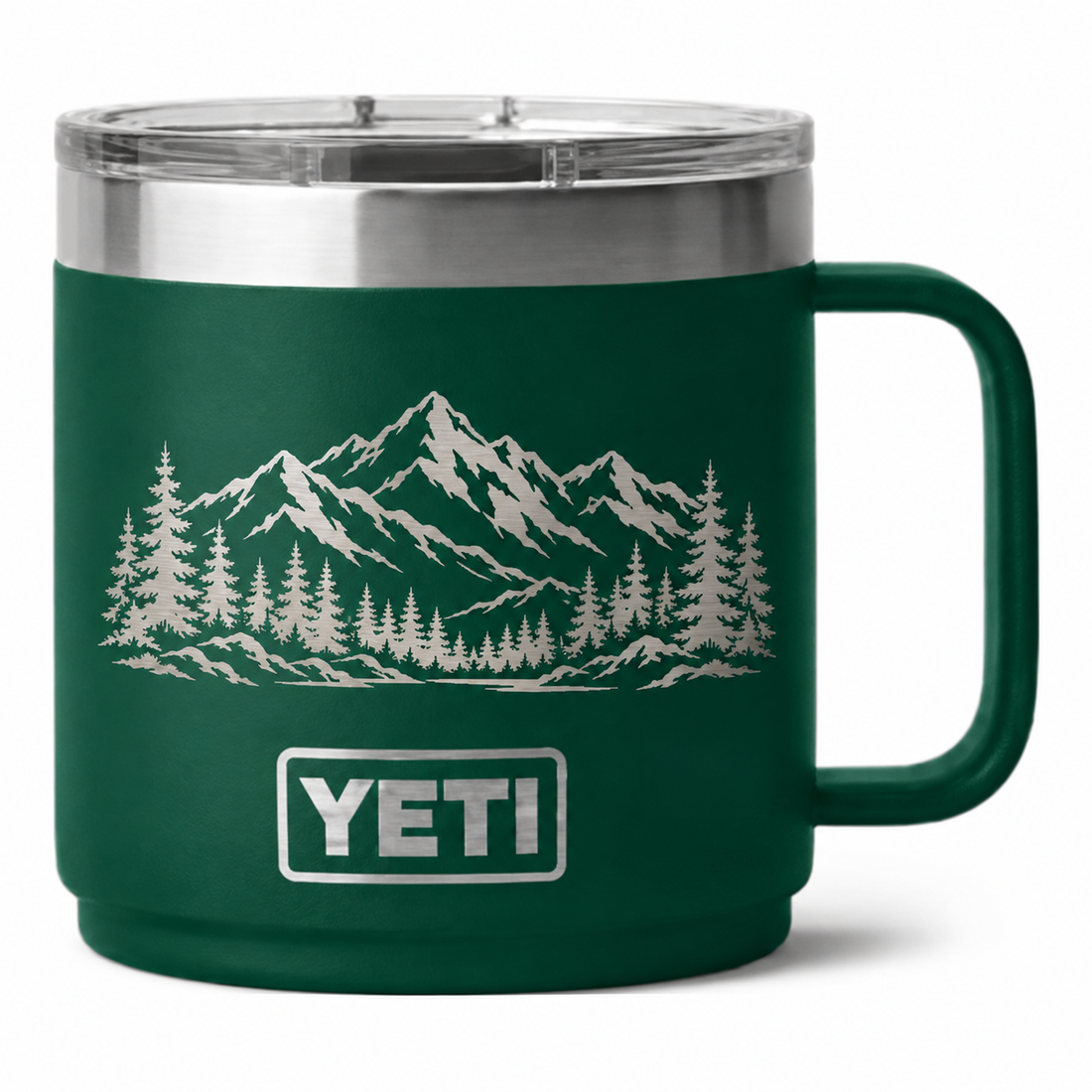 YETI 14 oz Mug Ceramic Lined Black Forest Green — sample laser engraving