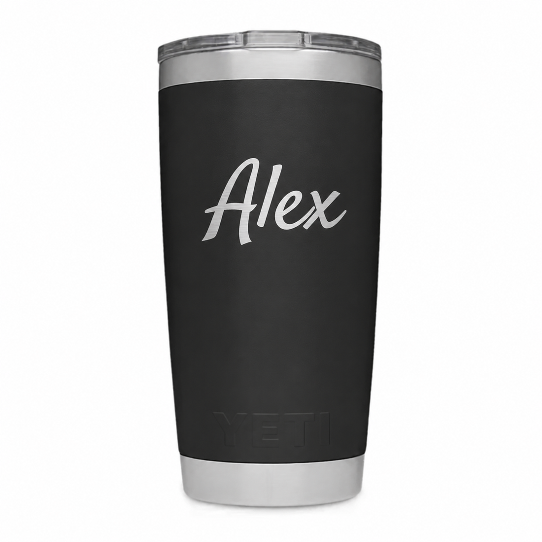 Example engraving: Alex in mixed-case script on Black YETI 20 oz. Actual personalization varies.