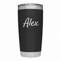 Example engraving: Alex in mixed-case script on Black YETI 20 oz. Actual personalization varies.