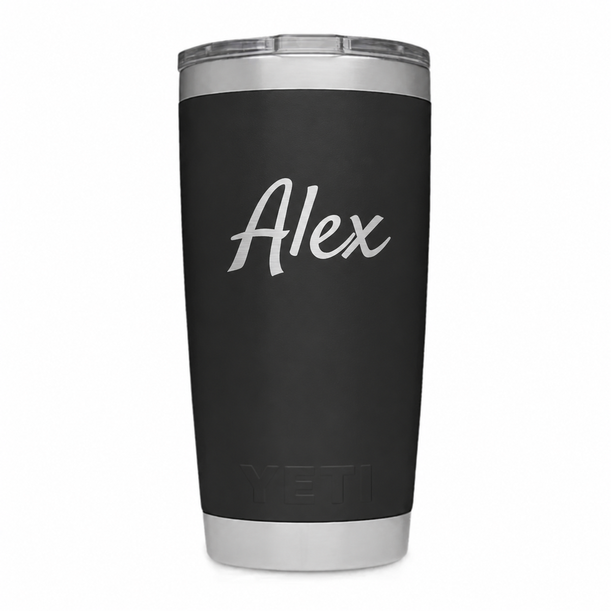 Example engraving: Alex in mixed-case script on Black YETI 20 oz. Actual personalization varies.