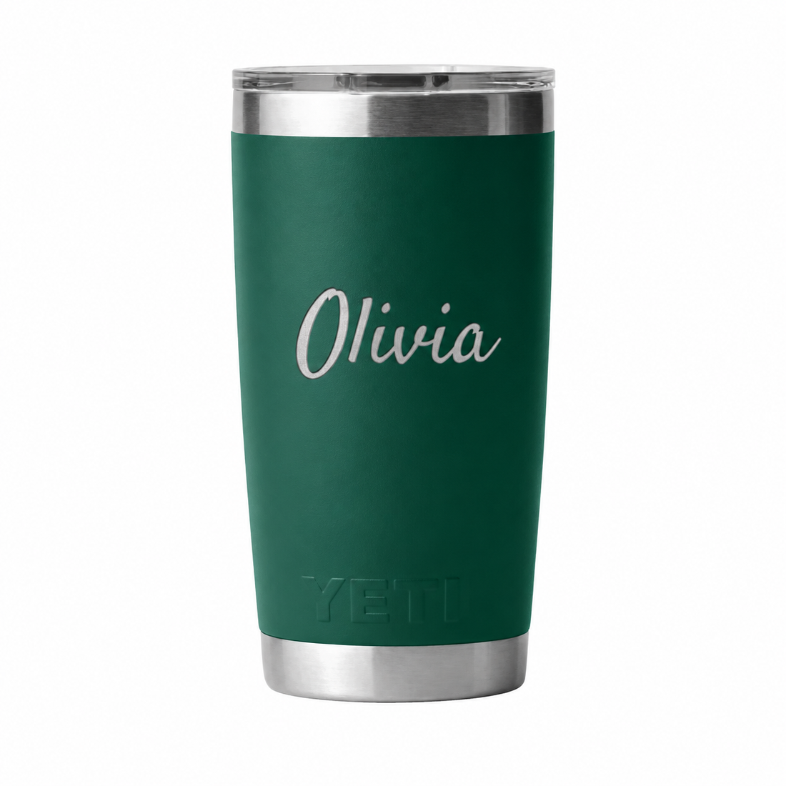 YETI 20 oz forest tumbler with example Olivia in mixed-case script. Actual personalization varies.