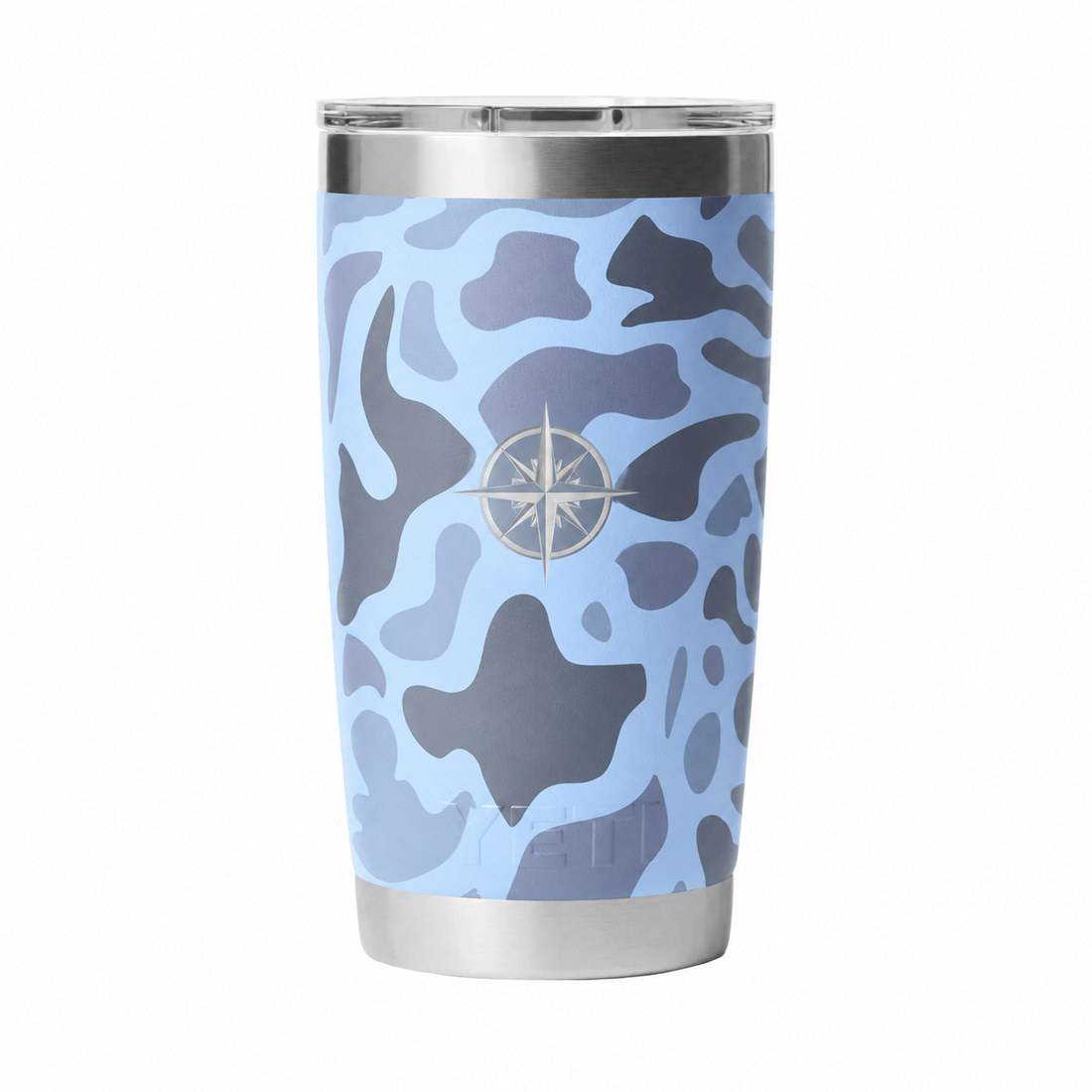 YETI 20 oz Blue Camo compass example engraving. Actual personalization varies.