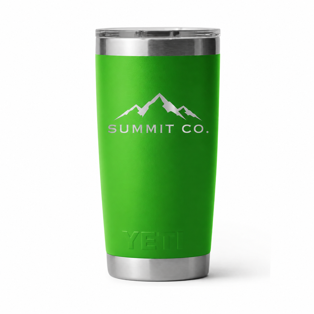 Example generic mountain logo engraving on Canopy Green YETI 20 oz tumbler. Actual personalization will vary.