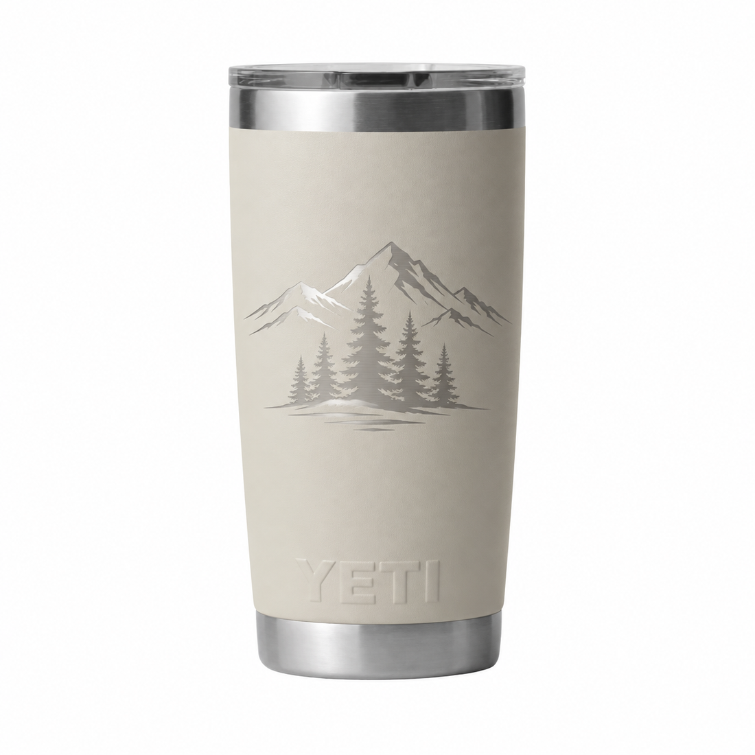 YETI 20 oz cape tumbler with example mountain and pine graphic. Actual personalization varies.