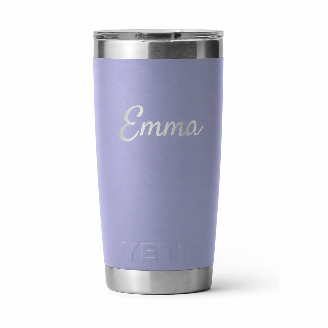 Example engraving: Emma in mixed-case script on Cosmic Lilac YETI 20 oz. Actual personalization varies.