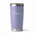 Example engraving: Emma in mixed-case script on Cosmic Lilac YETI 20 oz. Actual personalization varies.