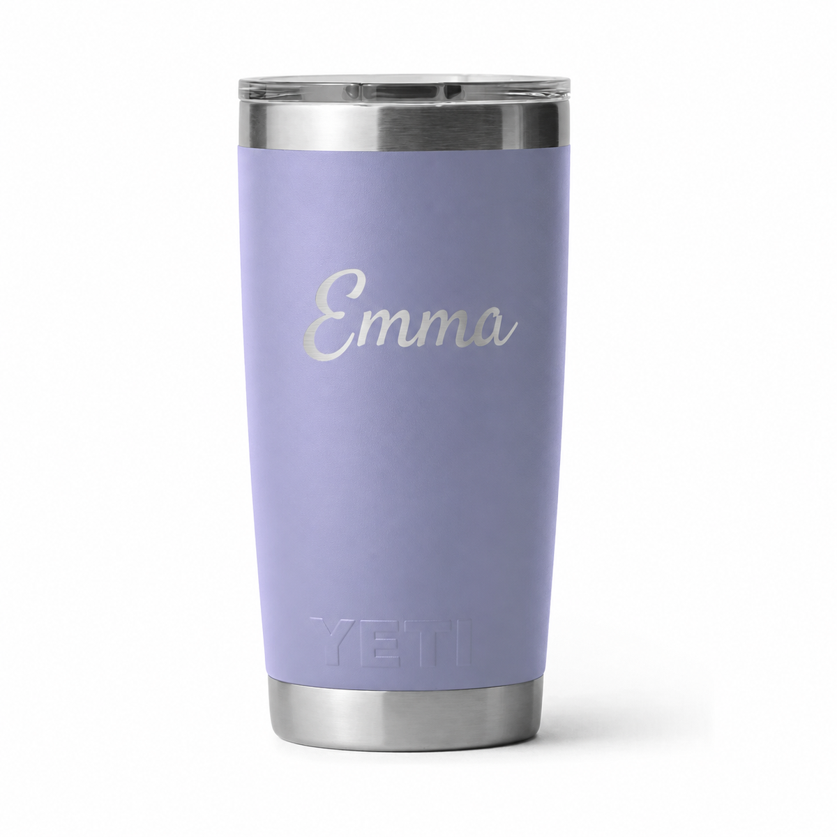 Example engraving: Emma in mixed-case script on Cosmic Lilac YETI 20 oz. Actual personalization varies.