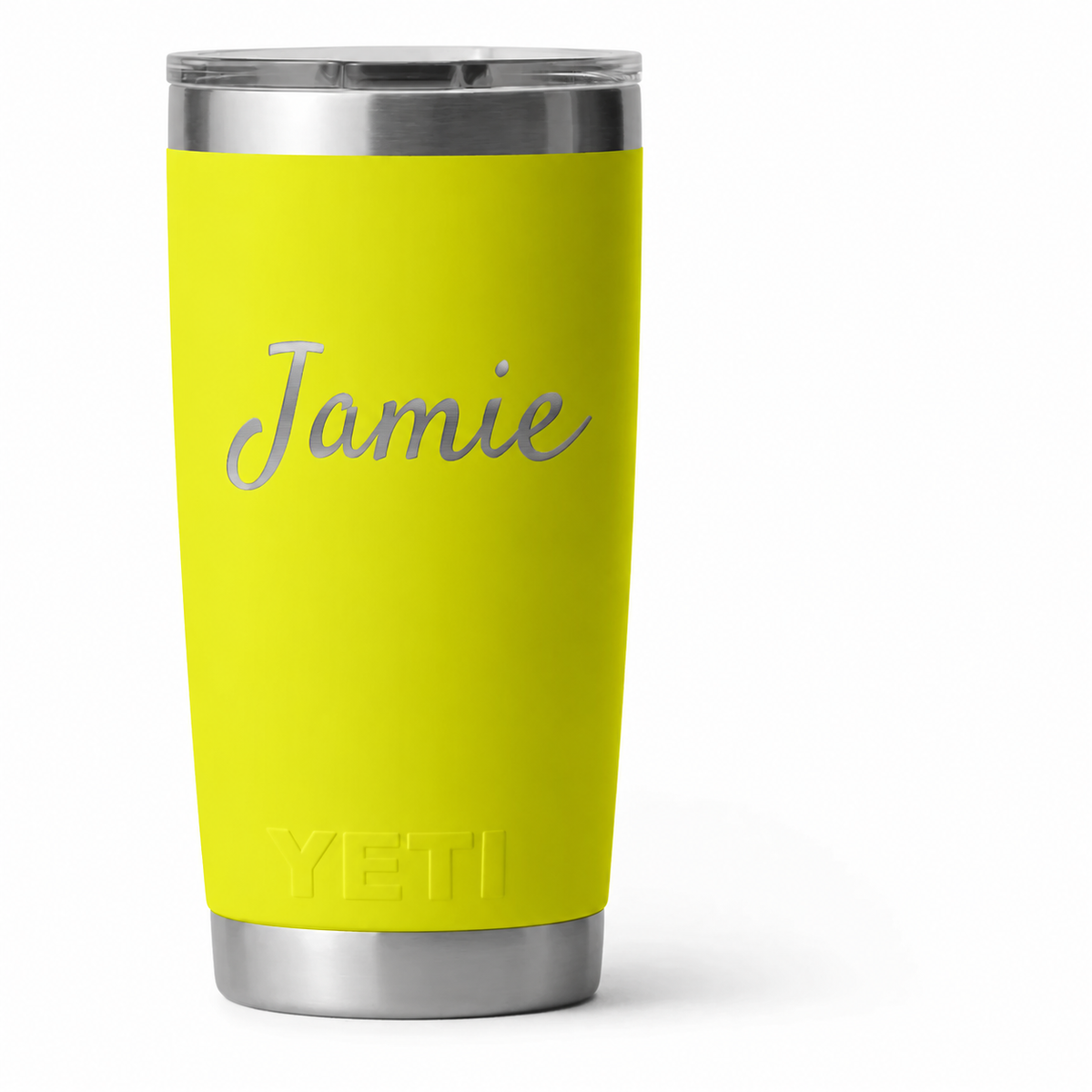 Example engraving: Jamie in mixed-case script on Firefly Yellow YETI 20 oz. Actual personalization varies.