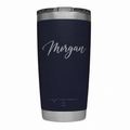 Example engraving: MORGAN in script on a navy YETI 20 oz tumbler. Your personalization will vary.