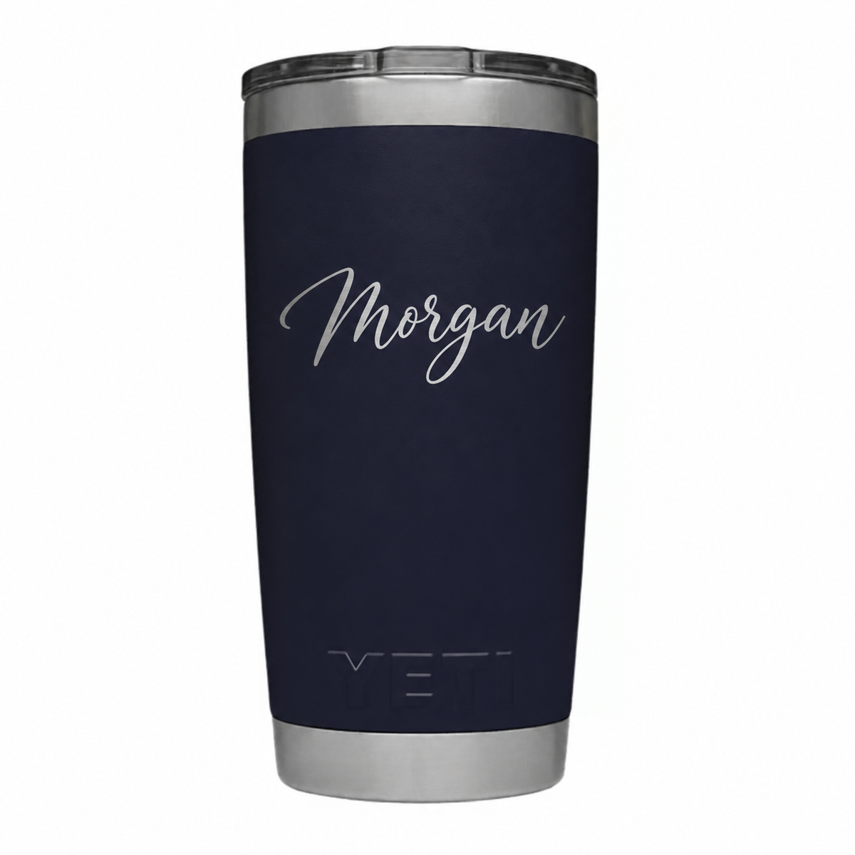 Example engraving: MORGAN in script on a navy YETI 20 oz tumbler. Your personalization will vary.
