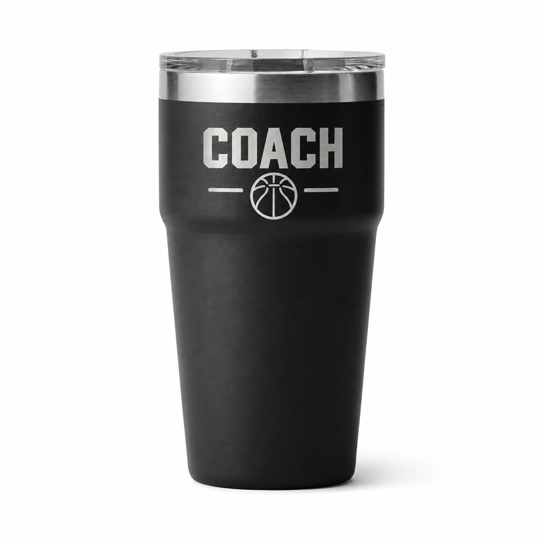YETI 20 oz Stackable Black with sample laser engraving: COACH