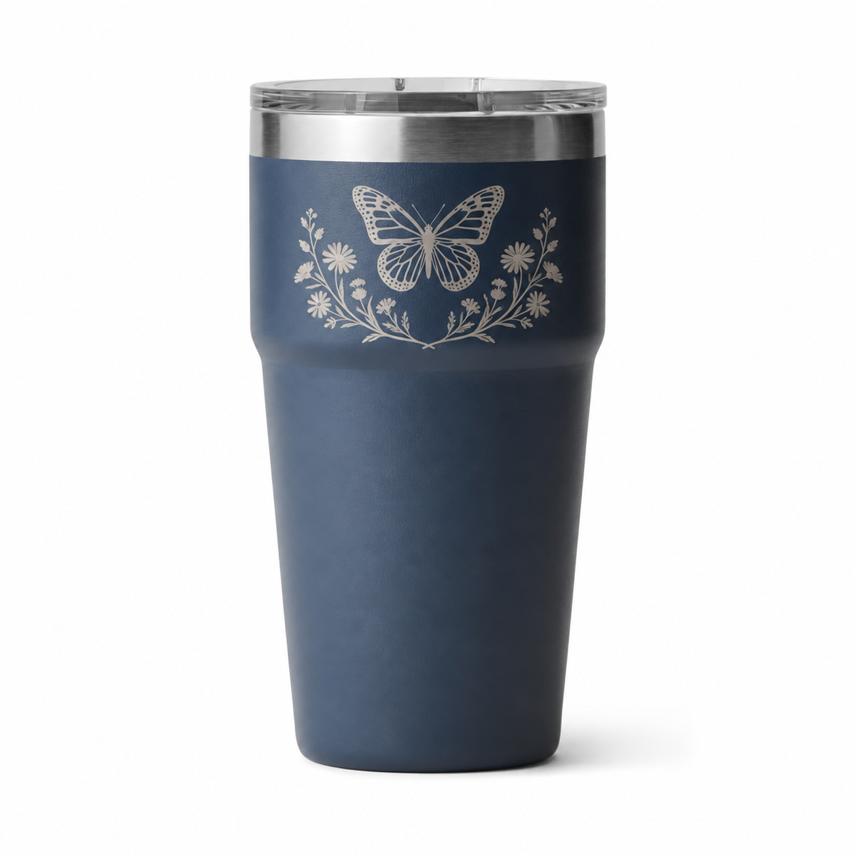YETI 20 oz Stackable Navy with sample laser engraving: butterfly above curved wildflower sprigs