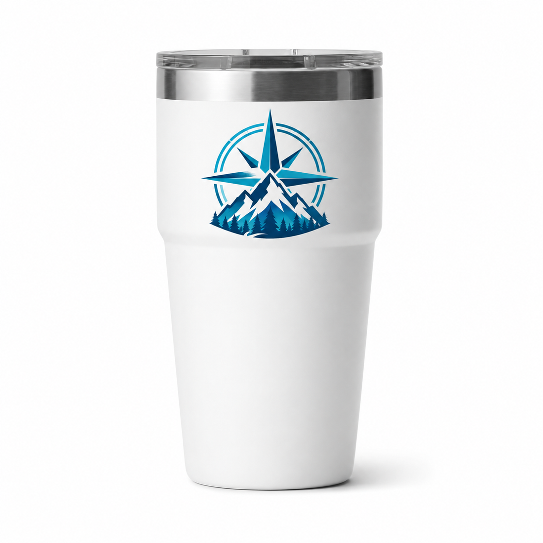 YETI 20 oz Stackable White with sample full-color UV printing: original generic corporate emblem: blue teal compass rose and mountain peaks